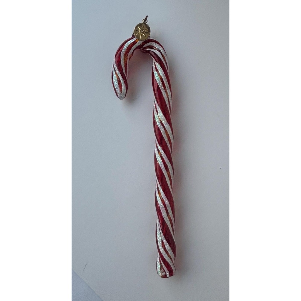 Radko Glass Candy Cane Ornament Red White Iridescent Sugared Glitter 7.5"